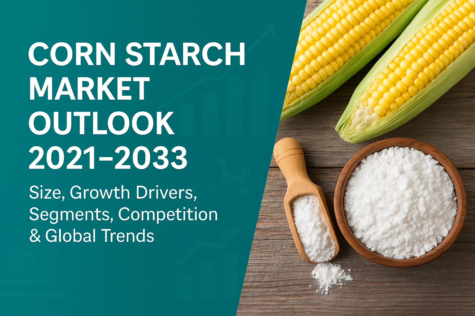 A digital promotional banner showcasing the global corn starch industry. The design includes visual elements such as corn kernels, starch powder, and industrial icons, symbolizing applications in food processing, packaging, and pharmaceuticals. The layout