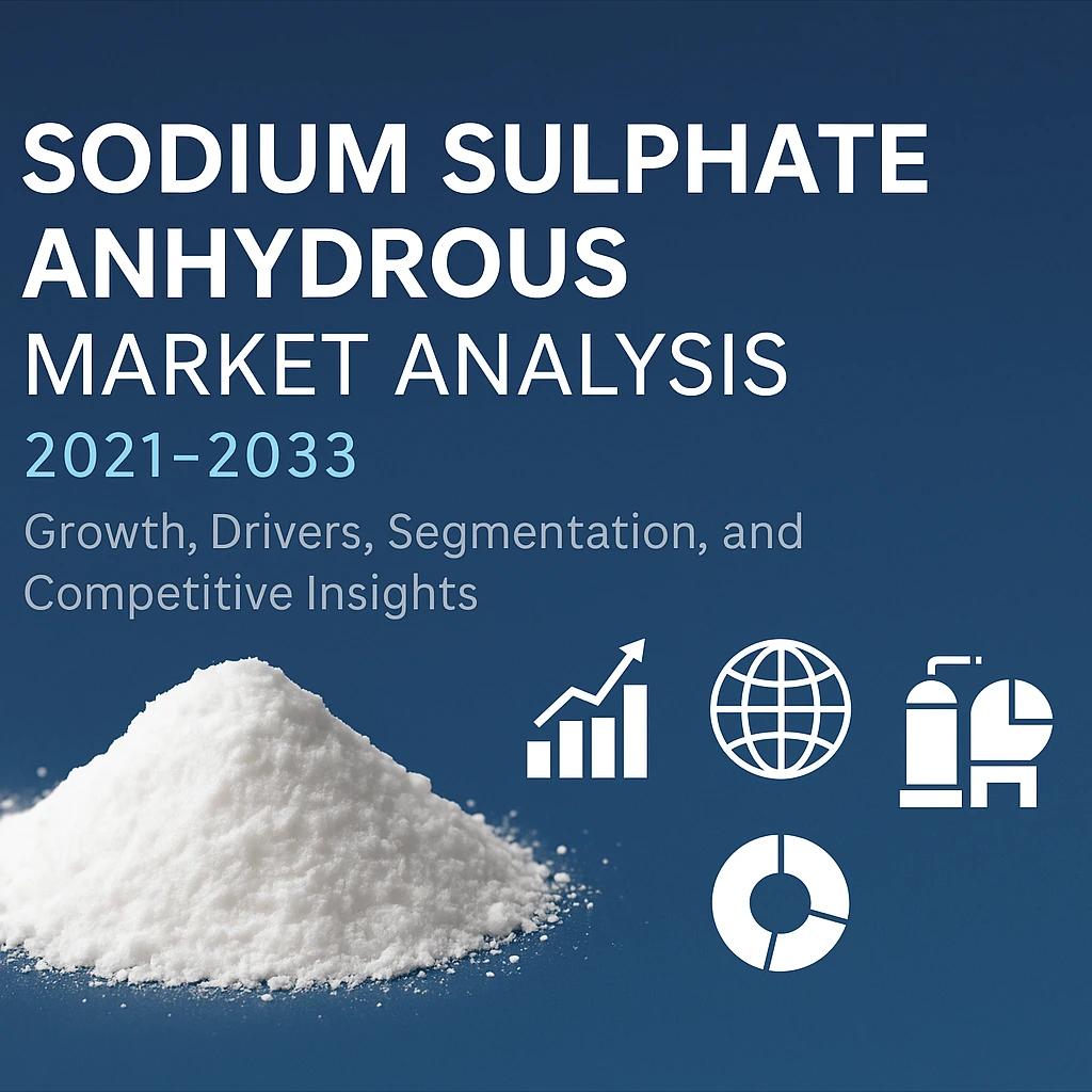 A digital infographic provides an overview of the Sodium Sulphate Anhydrous Market (2021–2033), featuring a close-up of a sodium sulphate powder pile on the left and data icons representing market growth, global expansion, segmentation, and industry usage