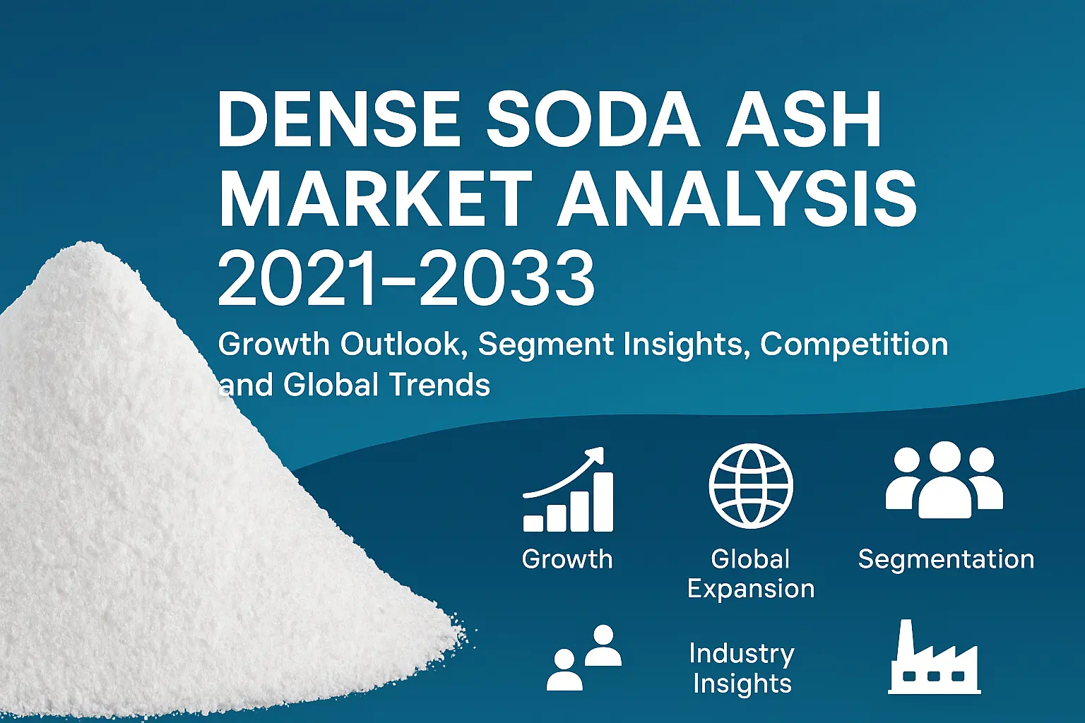 A banner-style digital graphic design infographic for the "Dense Soda Ash Market Analysis 2021–2033," featuring a mound of white soda ash powder on the left and market insights icons such as growth, segmentation, and global expansion on the right, all ove