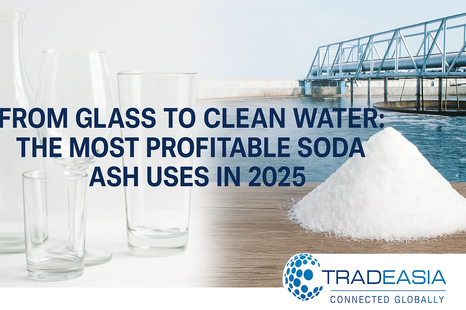 A horizontal digital banner for Tradeasia highlighting the article 'From Glass to Clean Water: The Most Profitable Soda Ash Uses in 2025'. The banner features industrial soda ash, clean water imagery, and glass production visuals with the Tradeasia logo c