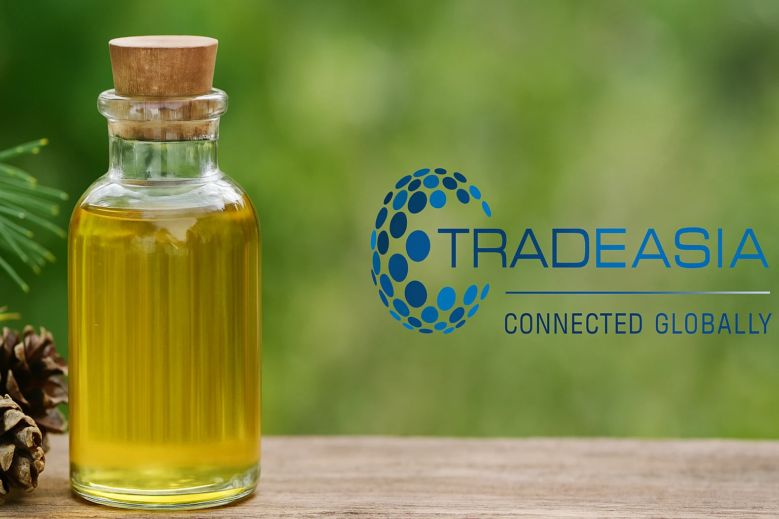 Tradeasia banner showing turpentine oil with pine resin and needles, highlighting natural solvent benefits