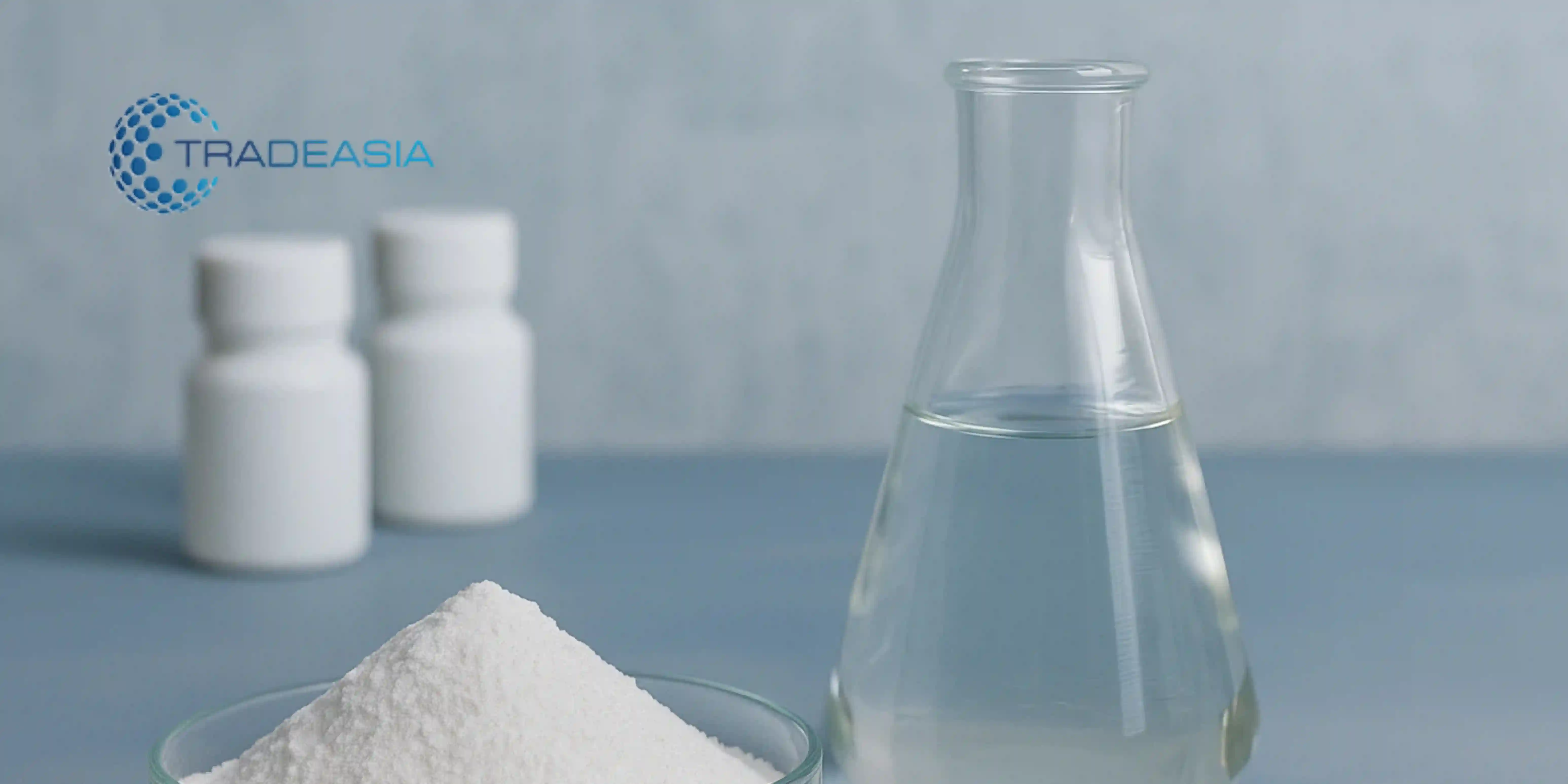 A digital banner featuring elements of the crude glycerine industry, including chemical storage tanks and refinery infrastructure, with the Tradeasia logo representing global chemical distribution
