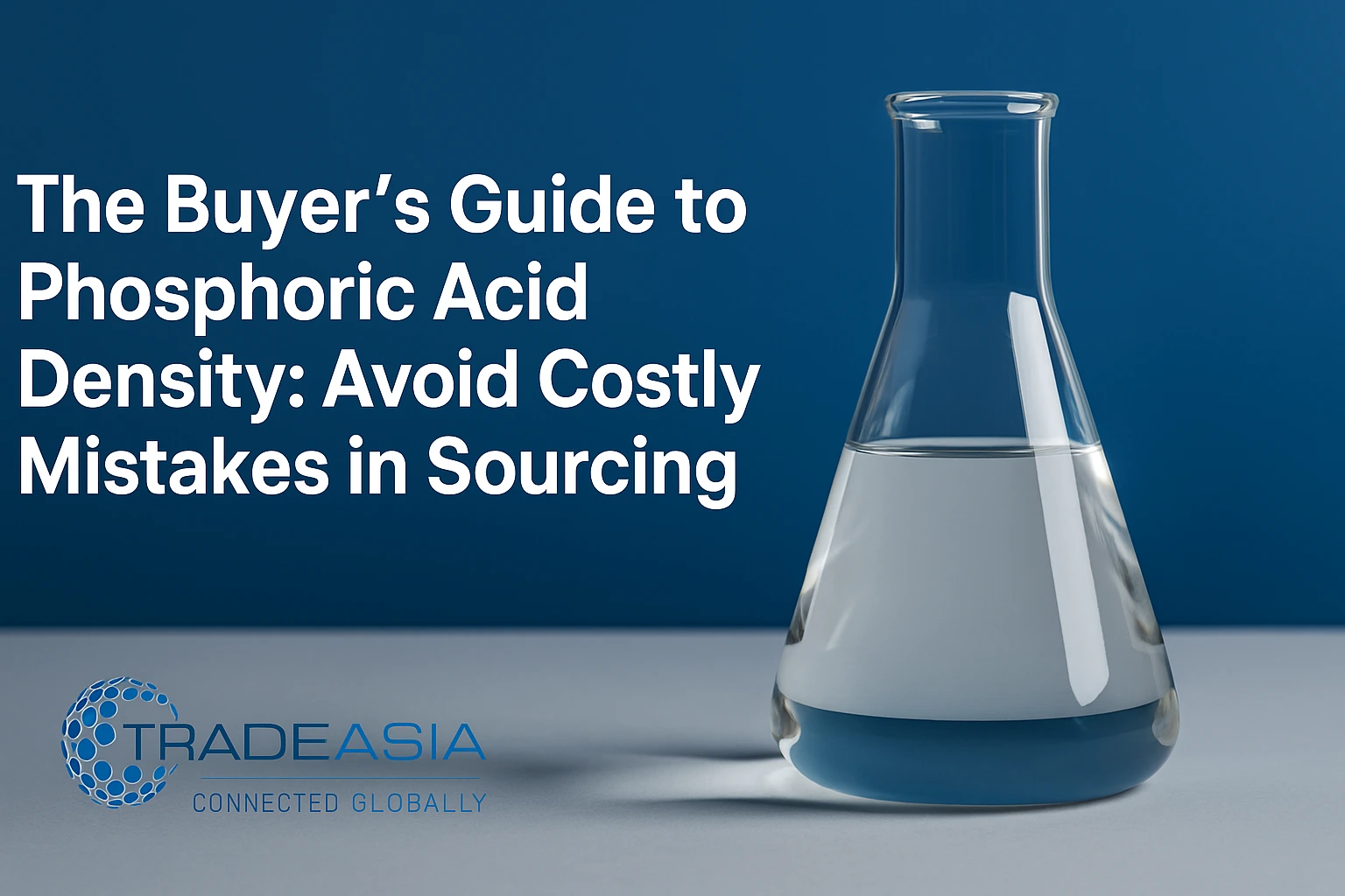 Tradeasia banner with phosphoric acid in lab flask and industrial sourcing visuals, highlighting density guide for buyers