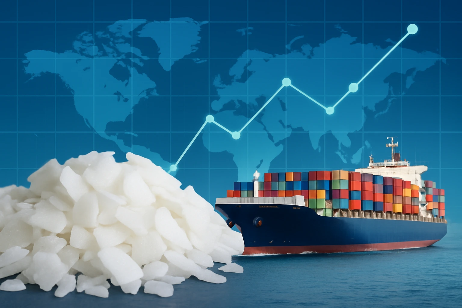 Stearic acid flakes with a cargo ship carrying colorful containers in front of a world map and rising trade graph, symbolizing global stearic acid suppliers and market trends in 2025