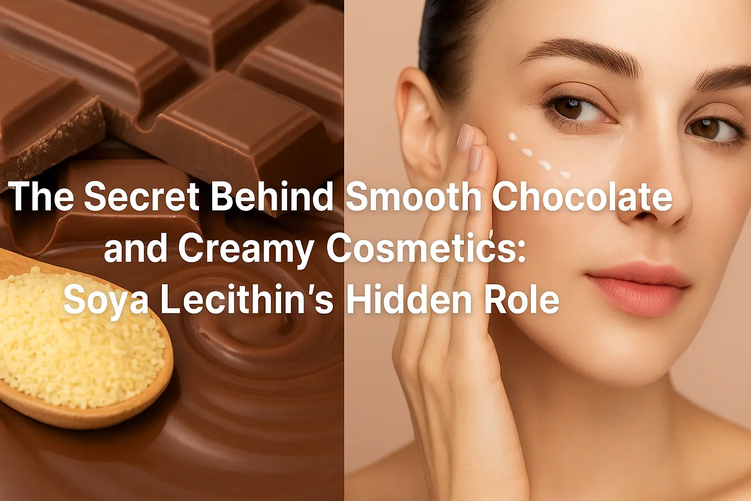 Soya lecithin banner showing melted chocolate, granules of lecithin, and woman applying cream, illustrating its role in food and cosmetics industries