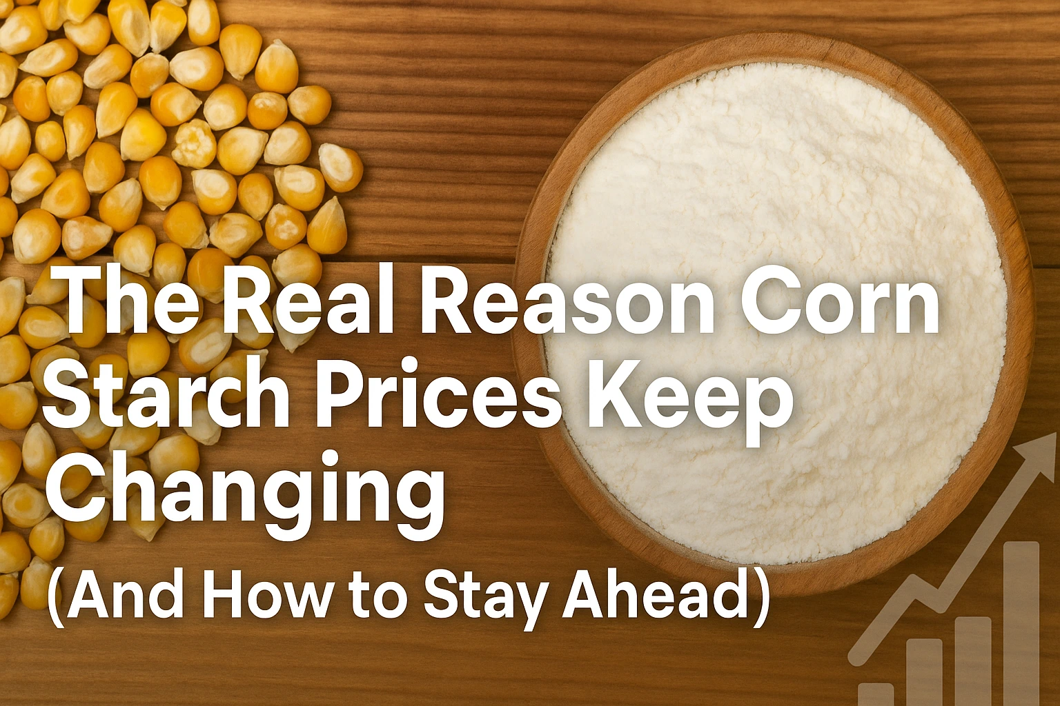 Corn starch price banner showing corn kernels, starch powder in bowl, and market graph representing global price fluctuations and strategies to stay ahead in 2025