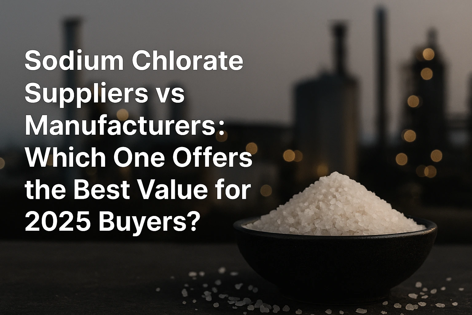 Sodium chlorate granules banner showing crystalline powder in bowl with blurred industrial background, representing chemical suppliers and manufacturers for 2025 buyers