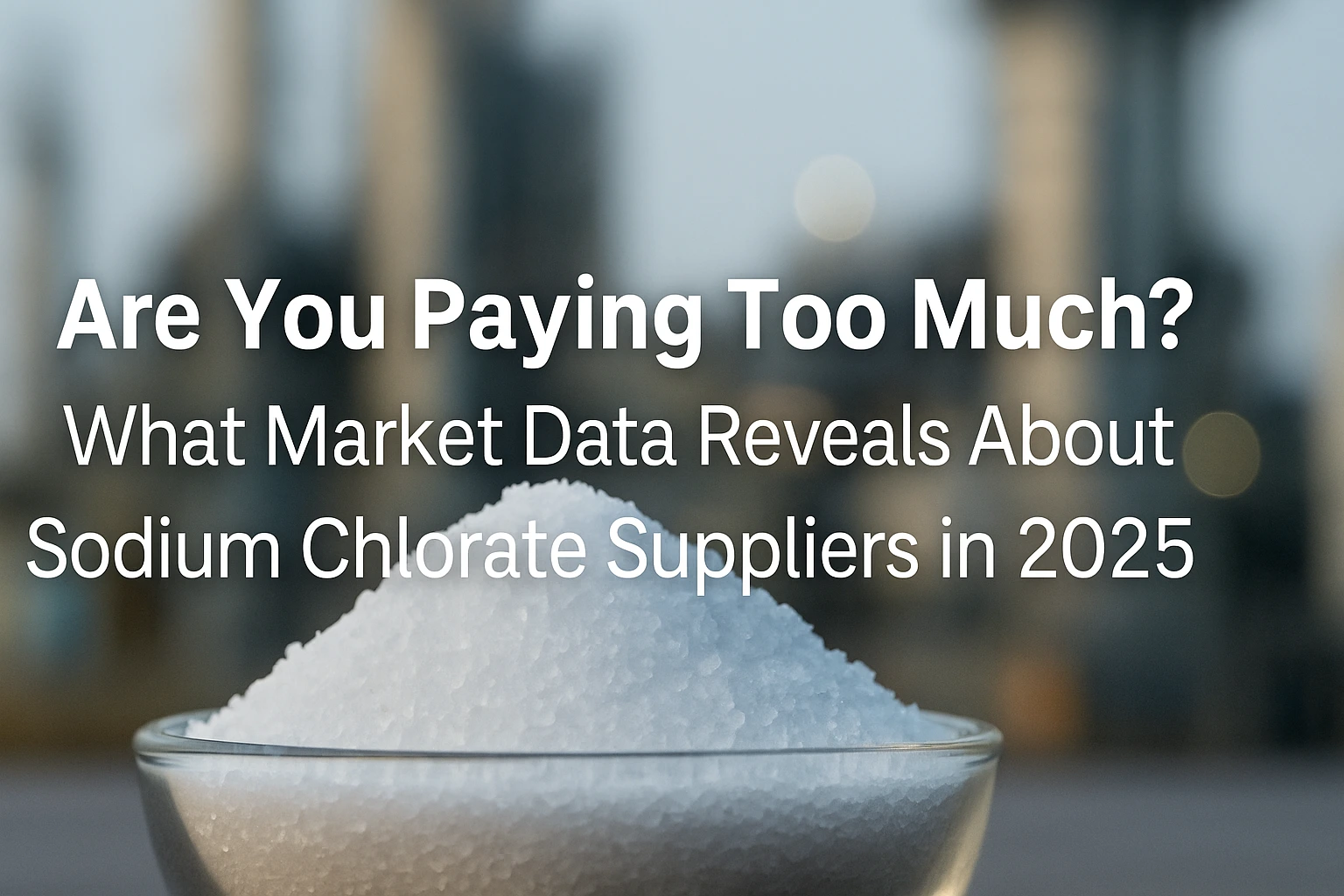 Sodium chlorate suppliers market data banner showing bowl of white crystalline powder with blurred industrial background, representing pricing insights and procurement strategies for 2025 buyers