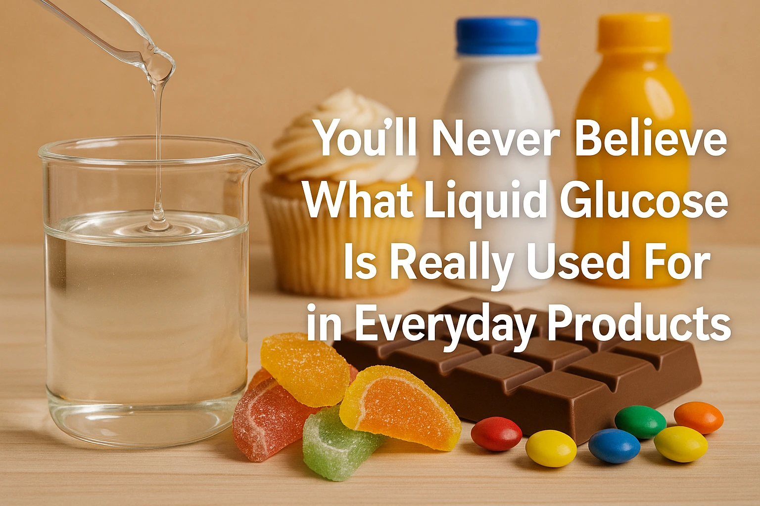 Landscape banner featuring a beaker of liquid glucose with candy, chocolate, cupcakes, and beverage bottles in the background. The overlaid title reads “You’ll Never Believe What Liquid Glucose Is Really Used For in Everyday Products,” highlighting its ro