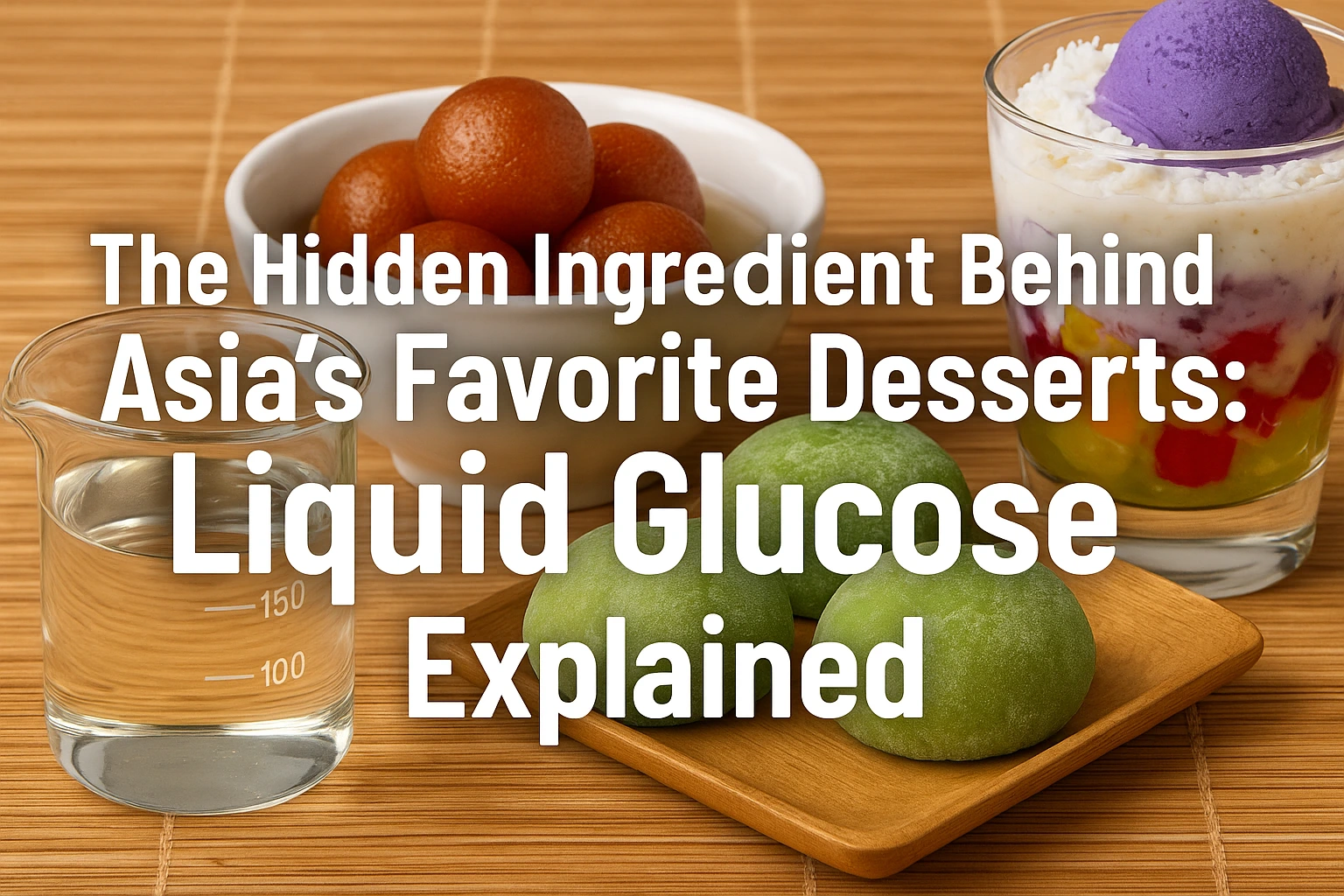 Landscape banner featuring a beaker of liquid glucose with popular Asian desserts like mochi, gulab jamun, and halo-halo in the background. The text reads “The Hidden Ingredient Behind Asia’s Favorite Desserts: Liquid Glucose Explained,” highlighting the
