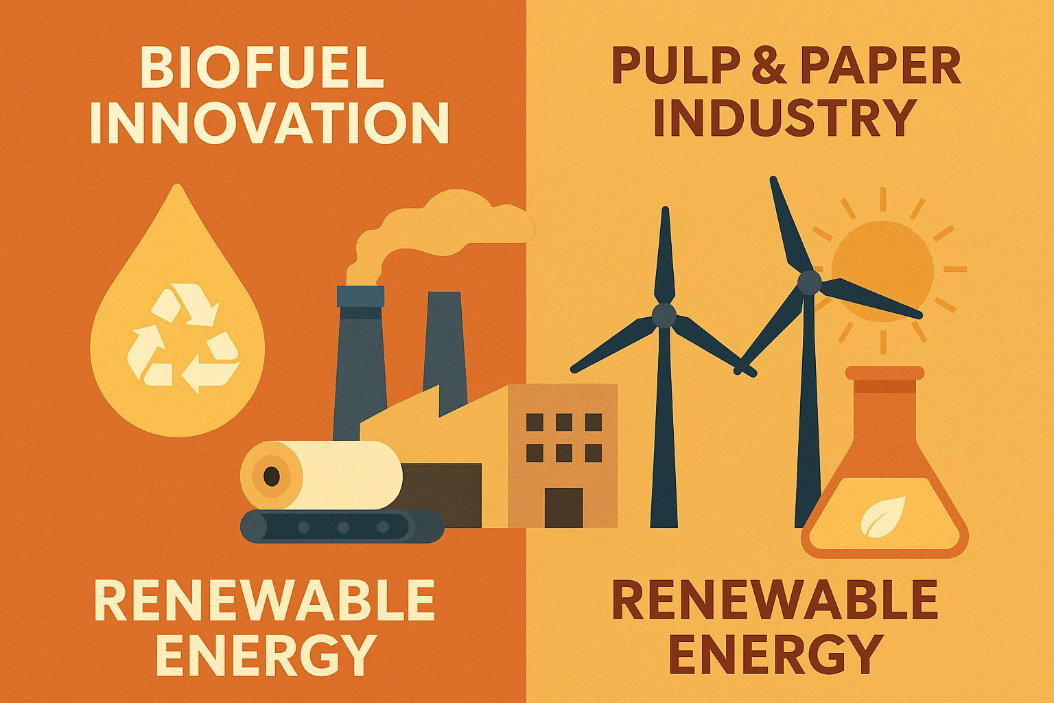 Eco-industrial banner showing biofuel innovation, pulp and paper industry, renewable energy, and oleochemicals with green and orange tones representing sustainable manufacturing.