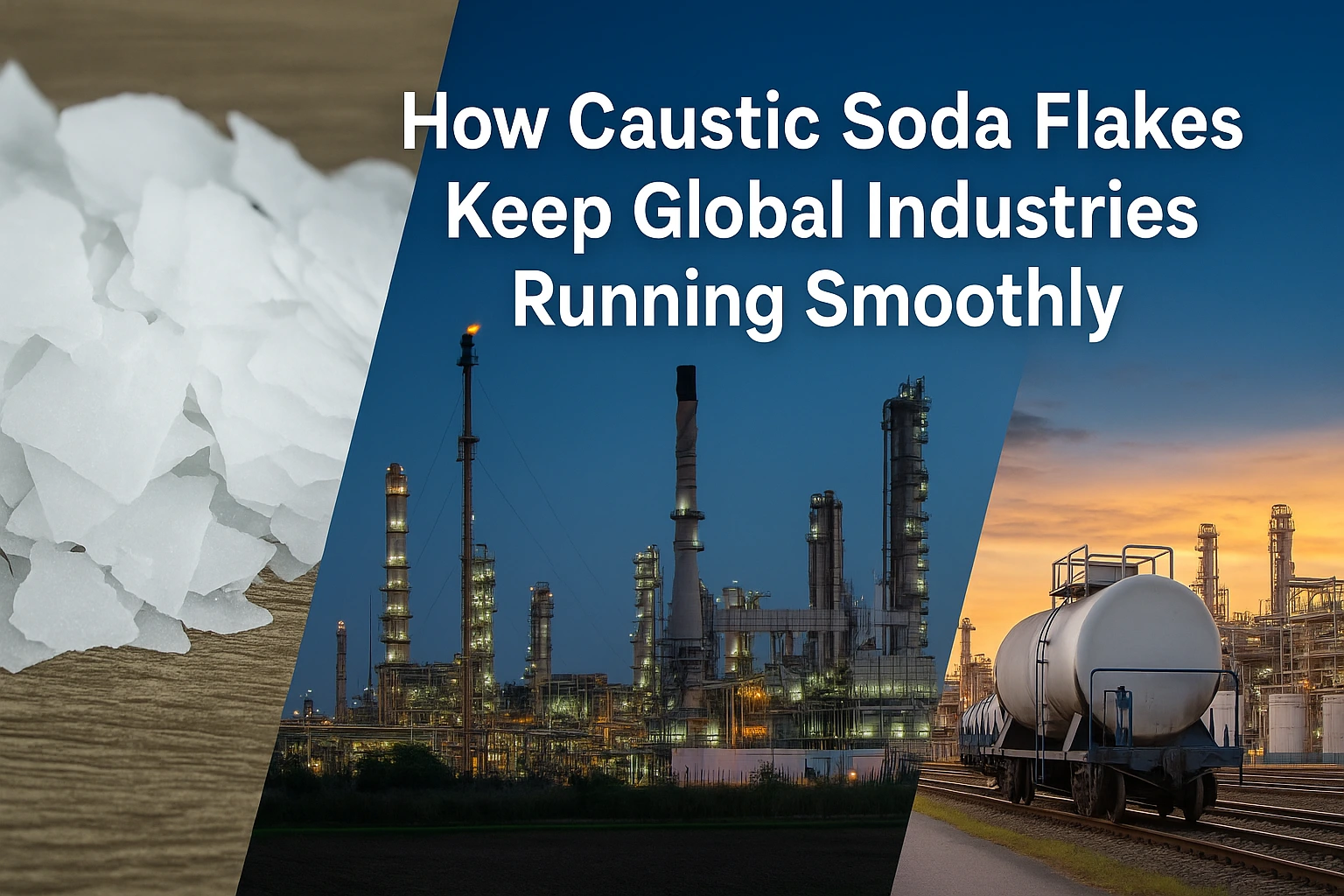 Industrial banner showing caustic soda flakes, chemical plants, and transport tanks under sunset lighting, with title text highlighting how caustic soda flakes keep global industries running smoothly.