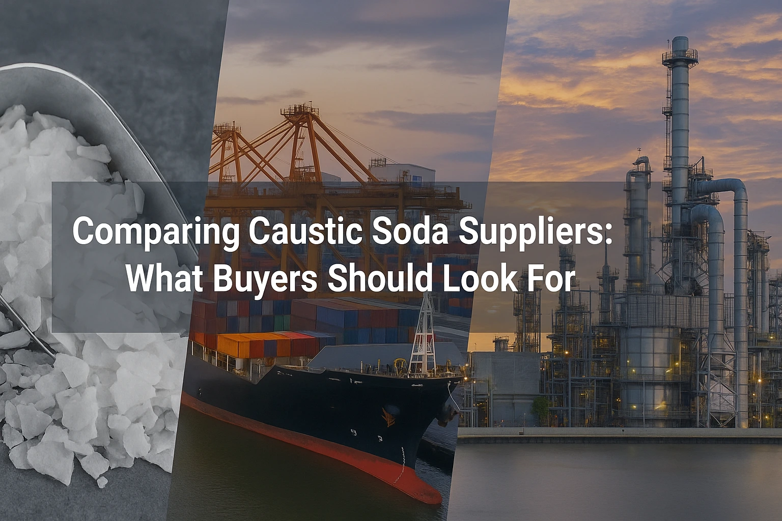 Caustic soda flakes in front of textile fabric rolls and paper production machines with the title text highlighting why caustic soda suppliers are essential to the textile and paper industries.