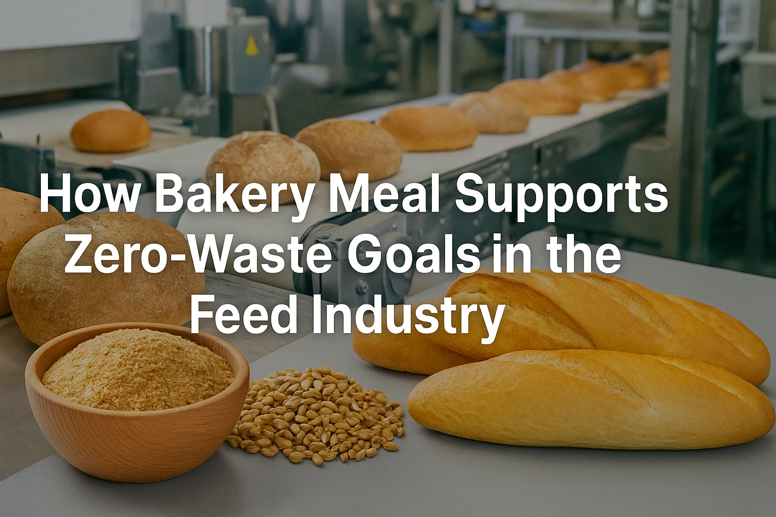 Bakery meal in sacks and containers inside a modern feed factory, with bread and grains in the background symbolizing consistent quality and reliability from bakery meal suppliers.