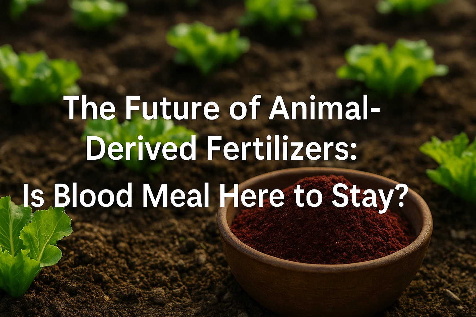 Bowl of red blood meal fertilizer placed on rich soil beside young green plants in a farm field, illustrating the sustainable future of animal-derived fertilizers and their role in organic agriculture.