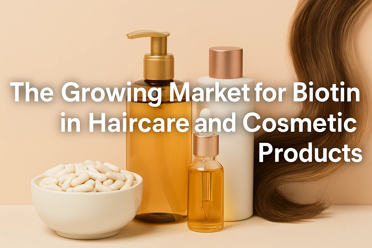 Biotin capsules placed beside shampoo bottles, serum, and hairbrushes on a clean background, symbolizing the growing market for biotin in haircare and cosmetic products.
