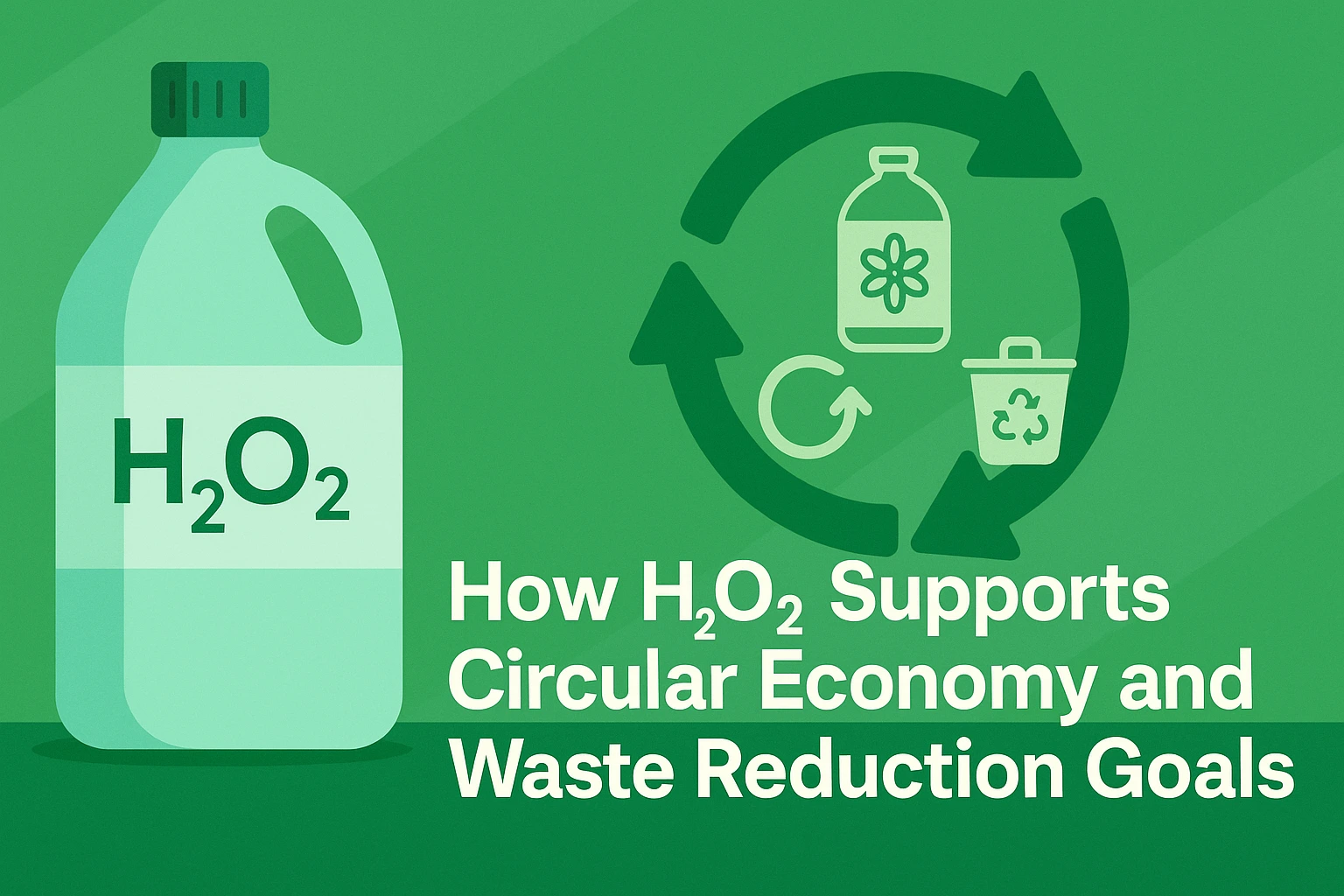 Flat-style infographic showing an H₂O₂ bottle with recycling arrows and sustainability icons, illustrating how hydrogen peroxide supports circular economy and waste reduction goals.