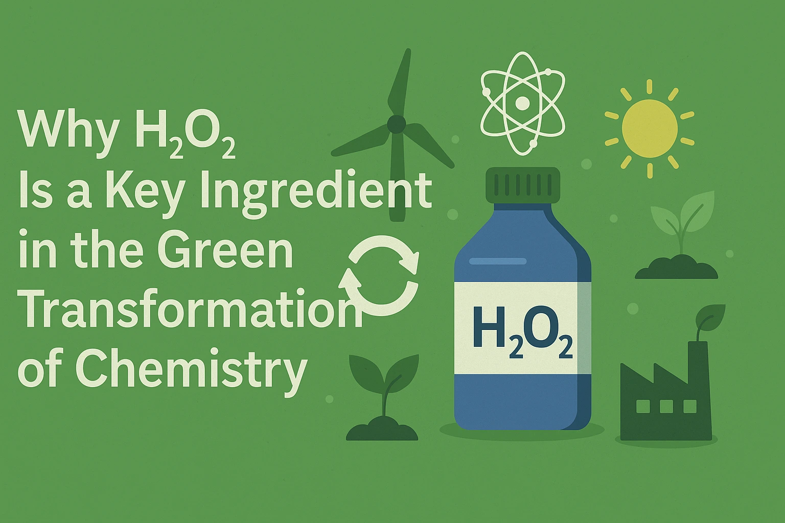 Flat-style green illustration showing an H₂O₂ bottle surrounded by eco-friendly icons such as wind turbines, recycling symbols, plants, and renewable energy graphics, representing why hydrogen peroxide is a key ingredient in the green transformation of ch