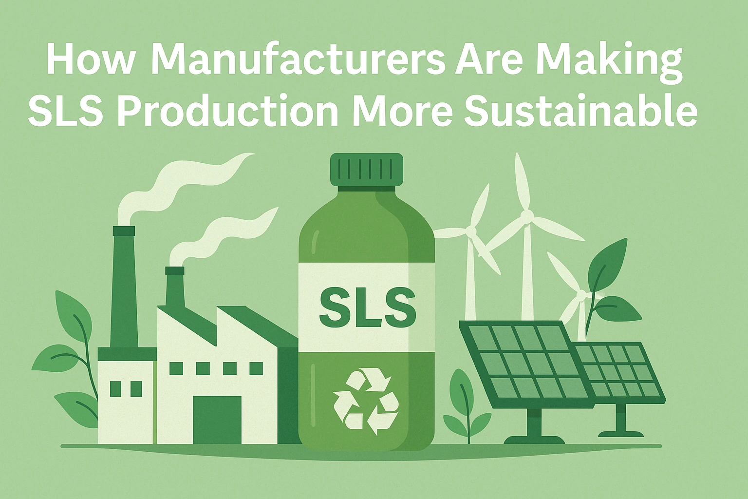 Flat-style landscape illustration showing an SLS bottle surrounded by factories, wind turbines, solar panels, and green leaves, representing how manufacturers are making SLS production more sustainable.