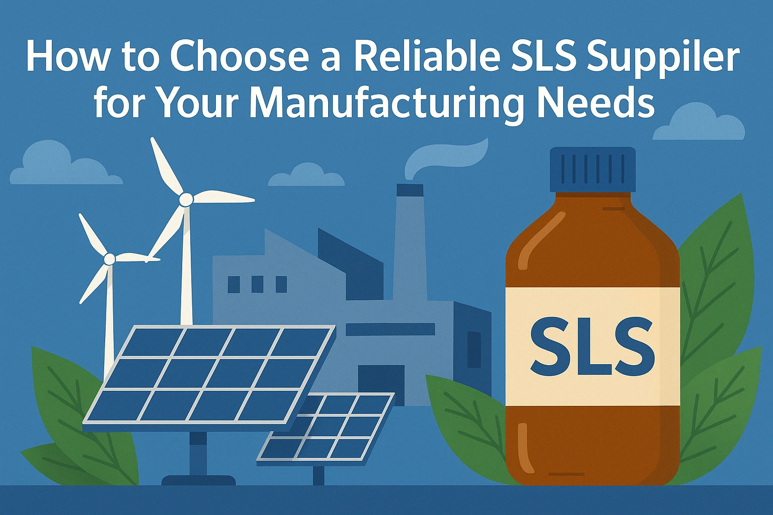 Flat-style landscape banner showing an SLS bottle alongside solar panels, wind turbines, and a manufacturing plant, representing how to choose a reliable SLS supplier for manufacturing needs.