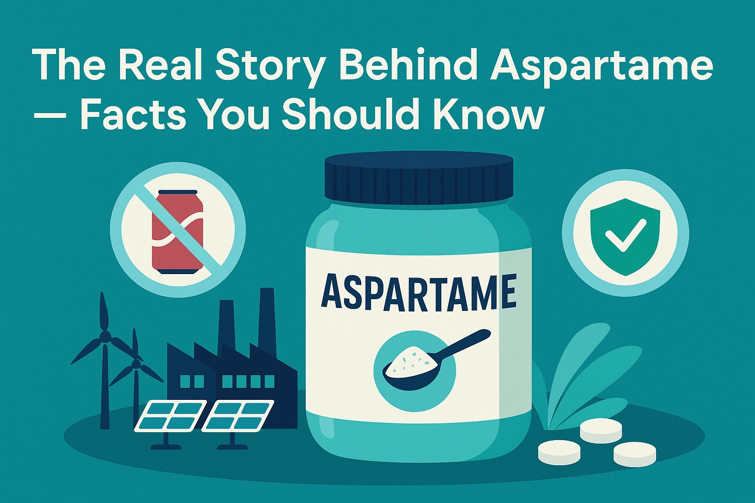 Digital illustration showing an aspartame container with safety icons, a no-soda symbol, and renewable energy elements, representing key facts behind aspartame and its real story
