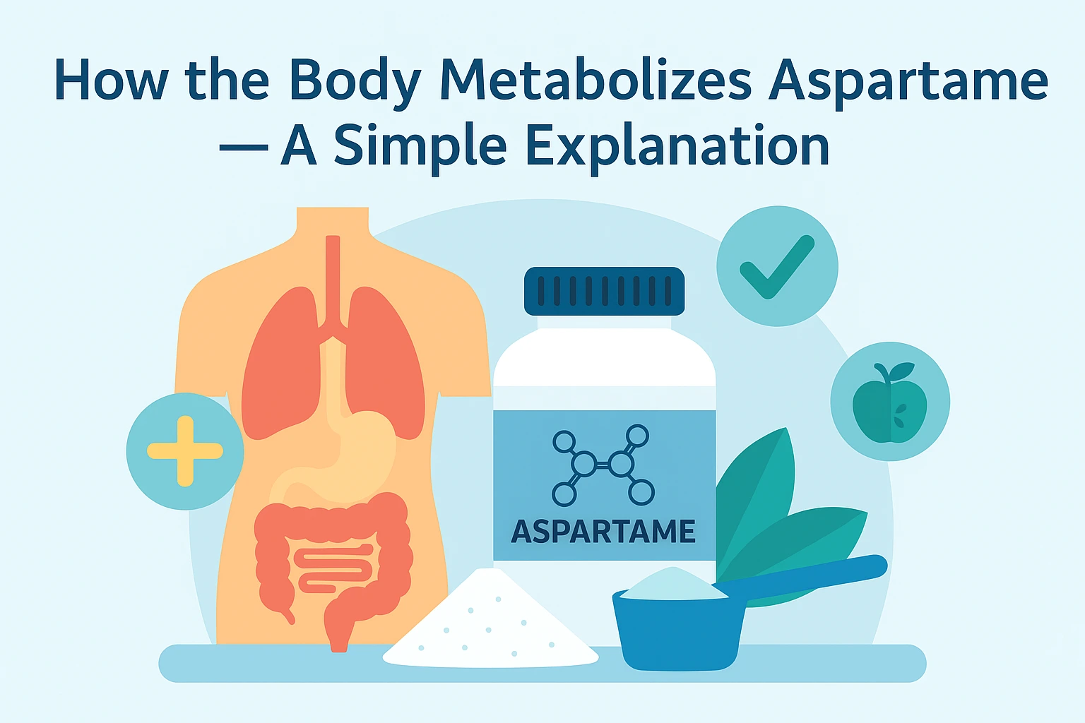 Flat-style landscape illustration showing the human digestive system next to an aspartame container and powder, visually explaining how the body metabolizes aspartame in a simple and clear way.