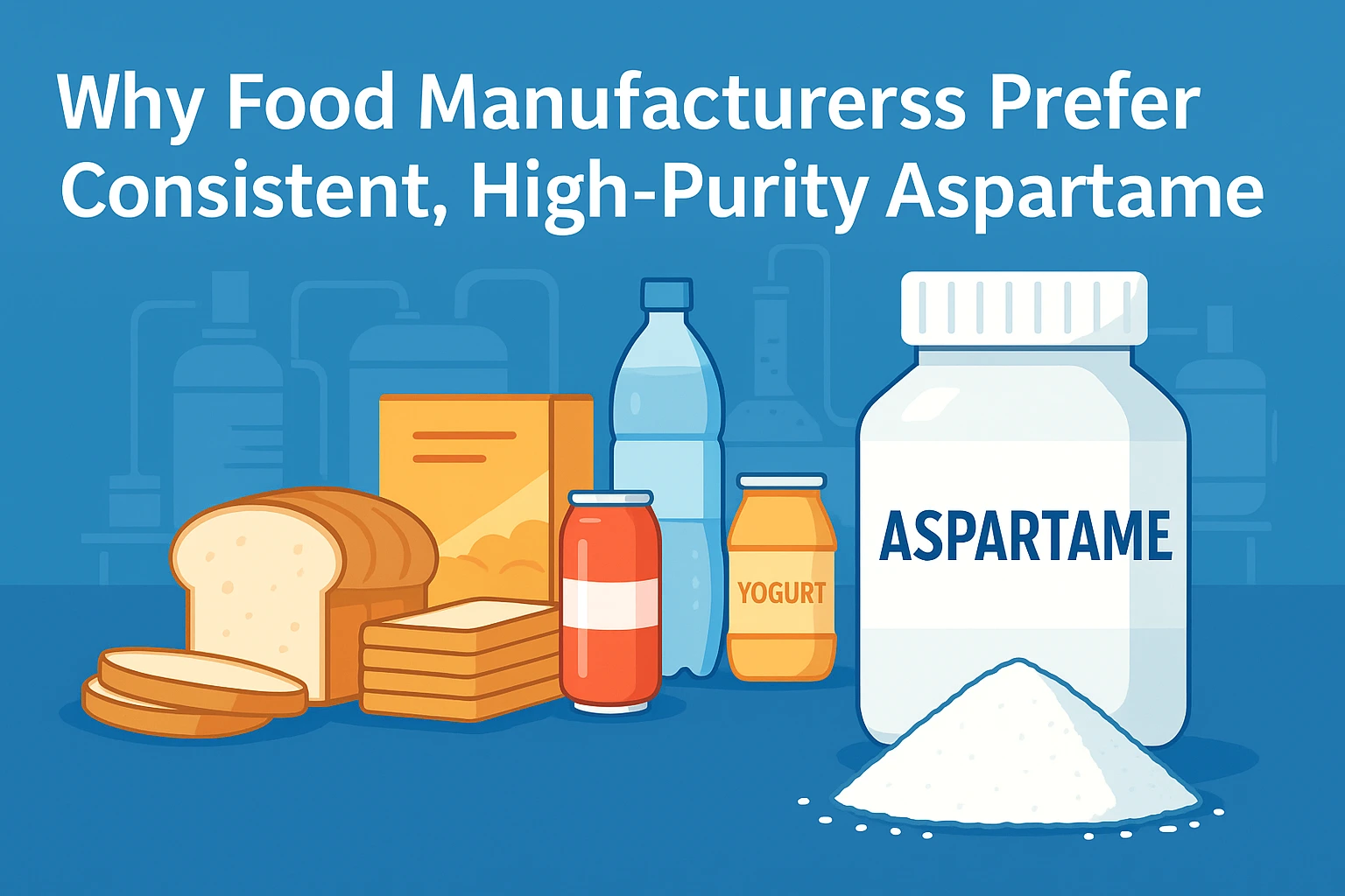Flat-style landscape banner showing high-purity aspartame in a container with powdered aspartame beside bread, cereal, drinks, and yogurt, representing why food manufacturers prefer consistent, high-purity aspartame.