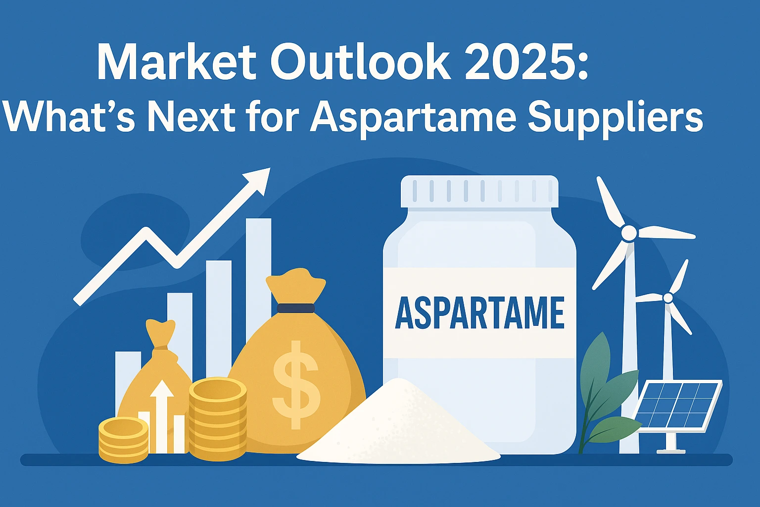 Flat-style landscape banner showing an aspartame container, financial growth charts, money bags, wind turbines, and solar panels, illustrating the 2025 market outlook and future trends for aspartame suppliers.