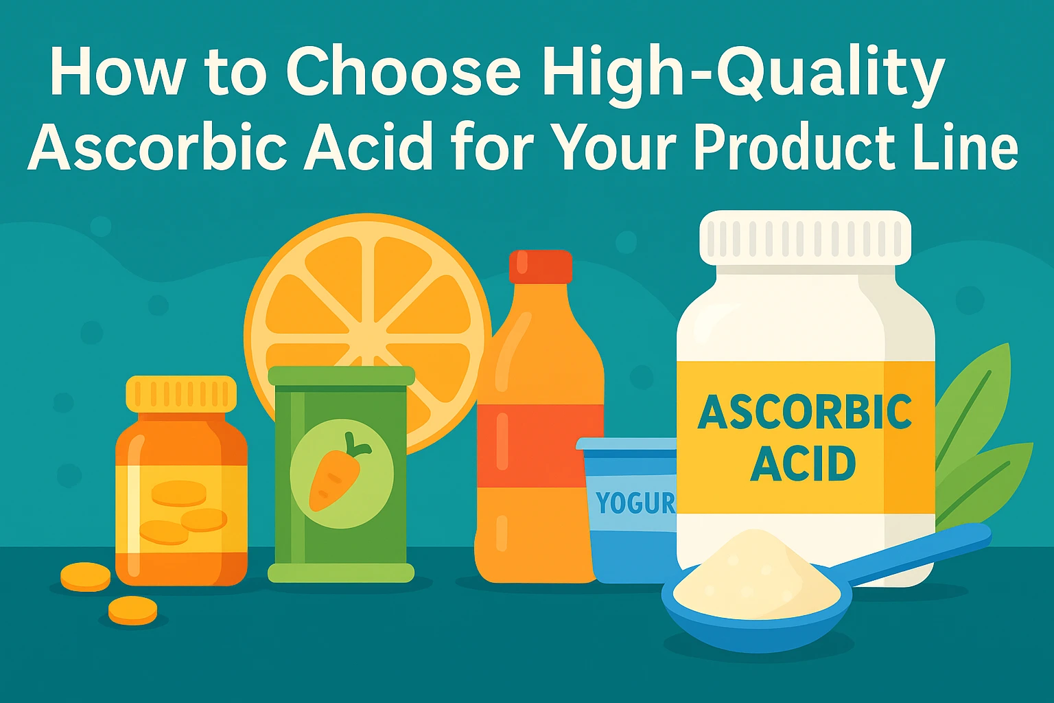 Flat-style landscape banner showing ascorbic acid powder and supplement containers alongside food and beverage products, representing how to choose high-quality ascorbic acid for manufacturing and product lines