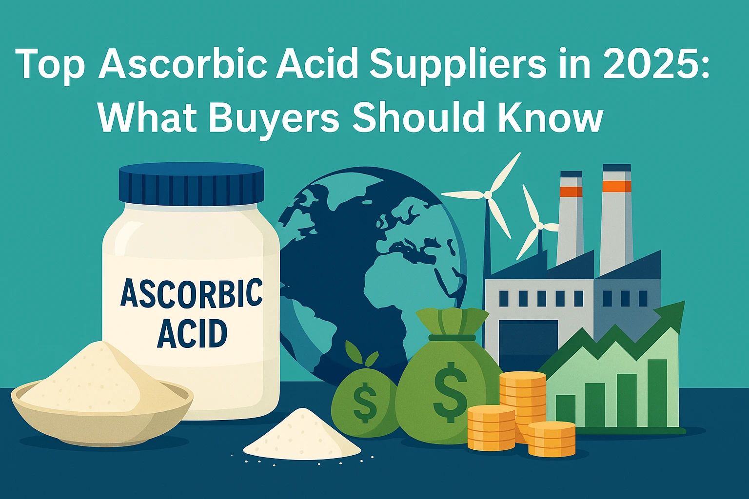 Flat-style landscape banner showing an ascorbic acid container, powdered ascorbic acid, a world map, factory, wind turbines, money bags, and a rising market graph, illustrating what buyers should know about top ascorbic acid suppliers in 2025