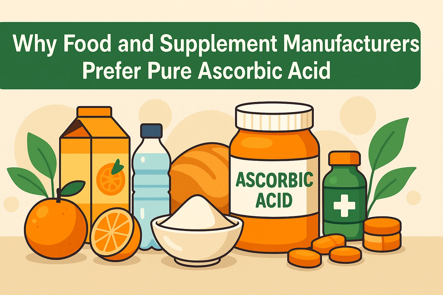 Flat-style landscape banner showing pure ascorbic acid powder and supplement bottles alongside oranges, juice, bread, and beverages, representing why food and supplement manufacturers prefer high-purity ascorbic acid