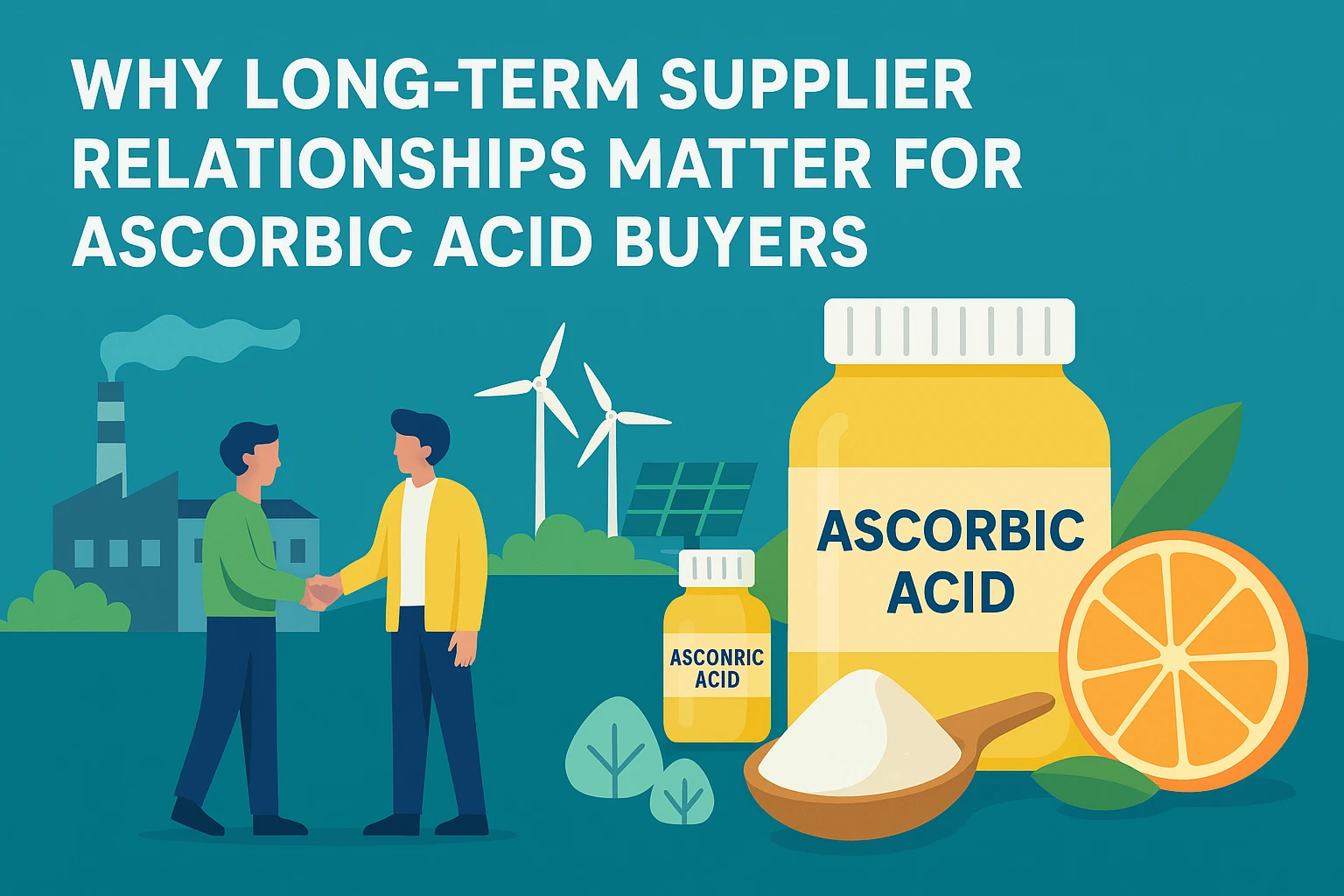 Flat-style landscape banner showing two people shaking hands in front of a factory, wind turbines, and solar panels, with ascorbic acid containers and oranges on the right, illustrating why long-term supplier relationships matter for ascorbic acid buyers