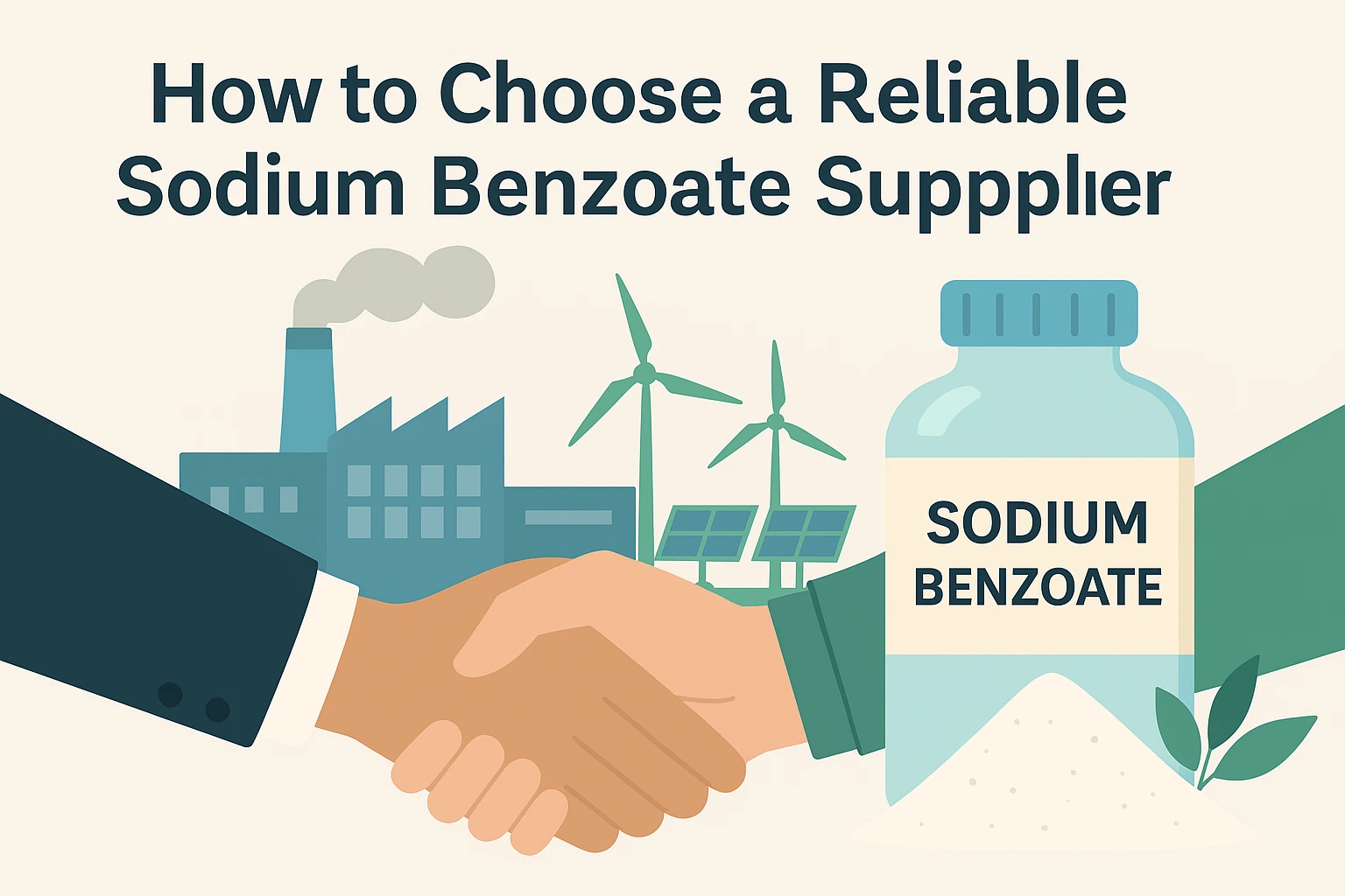 Flat-style landscape banner showing a sodium benzoate container, a handshake symbolizing supplier reliability, and industrial elements like factories, wind turbines, and solar panels, illustrating how to choose a reliable sodium benzoate supplier.