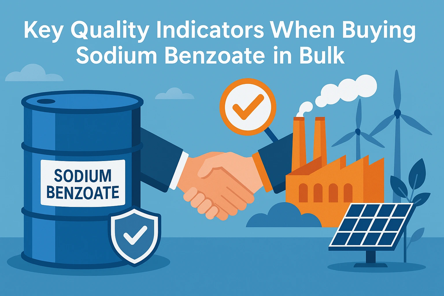 Flat-style landscape banner showing a sodium benzoate drum, a handshake symbolizing supplier trust, and industrial elements like factories, solar panels, and wind turbines, representing key quality indicators when buying sodium benzoate in bulk.