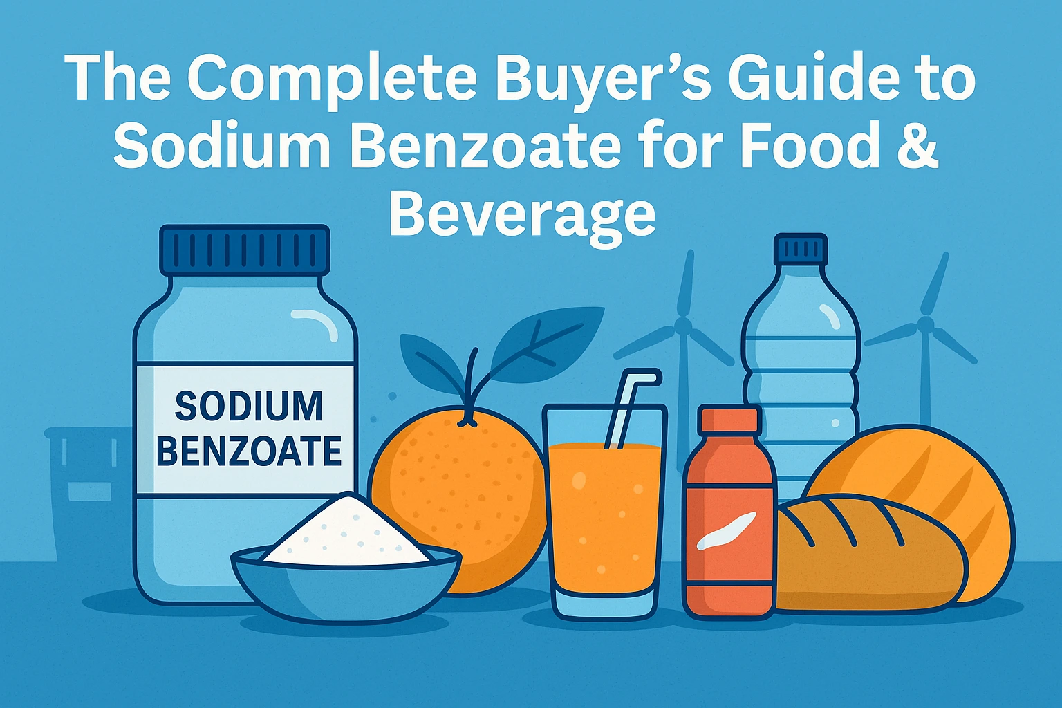 Flat-style landscape banner showing sodium benzoate powder and container alongside orange juice, bread, bottled water, and food products, representing a complete buyer’s guide to sodium benzoate for the food and beverage industry