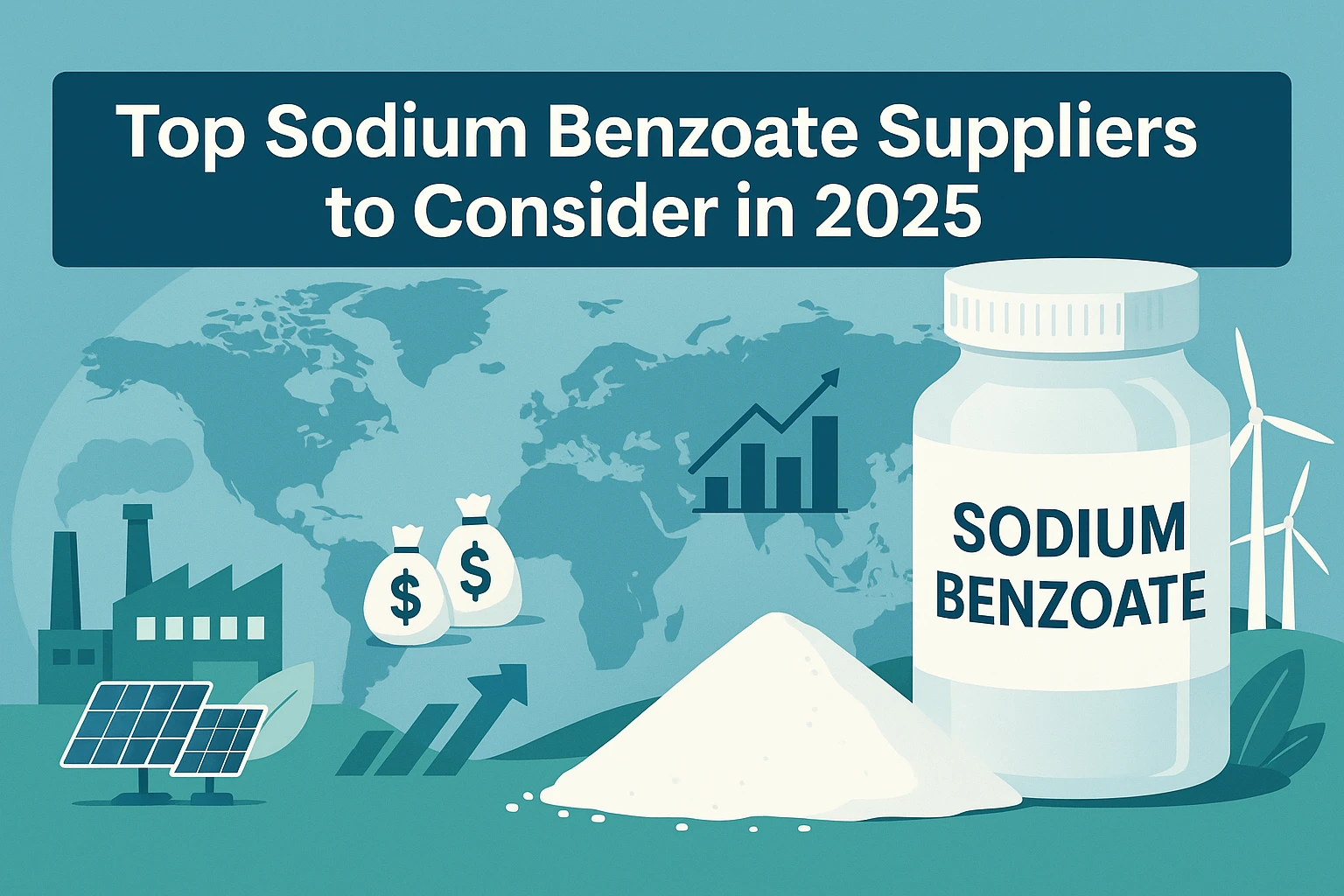 Flat-style landscape banner showing a sodium benzoate container, white powder, global market graphics, factories, and renewable energy icons, illustrating top sodium benzoate suppliers to consider in 2025.