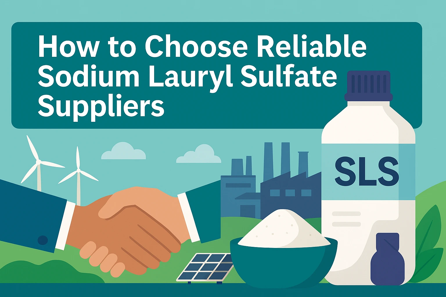 Flat-style landscape banner showing a sodium lauryl sulfate (SLS) container with factories, wind turbines, solar panels, and trust-related icons, representing how to choose reliable sodium lauryl sulfate suppliers