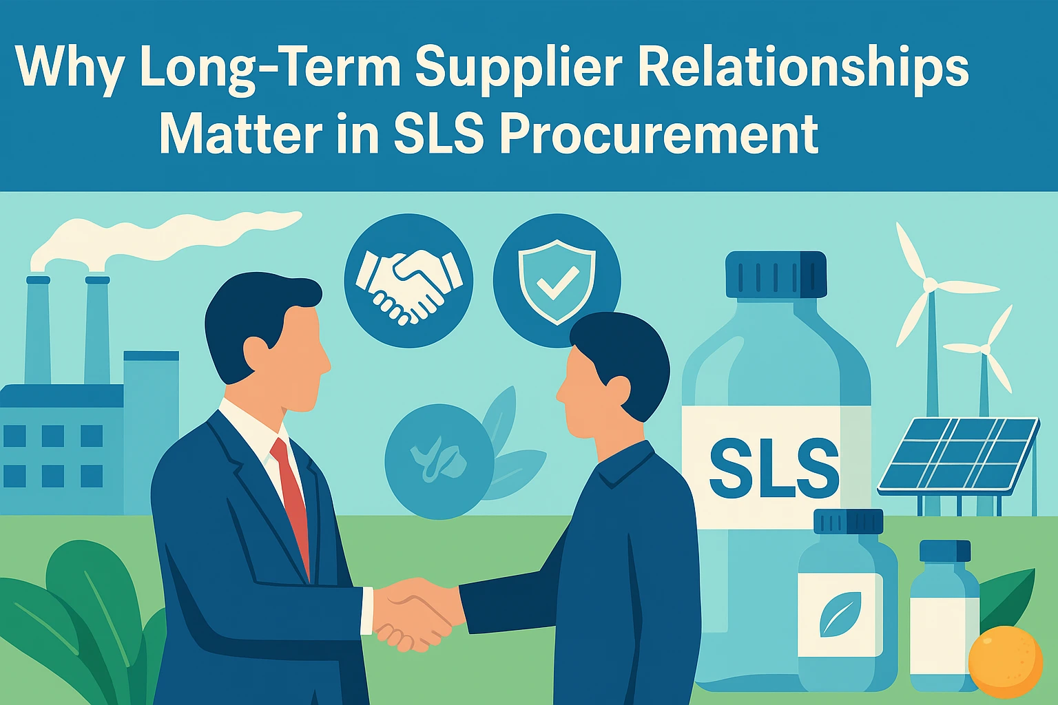 Flat-style landscape banner showing two business professionals shaking hands in front of factories, wind turbines, solar panels, and SLS containers, representing why long-term supplier relationships matter in SLS procurement