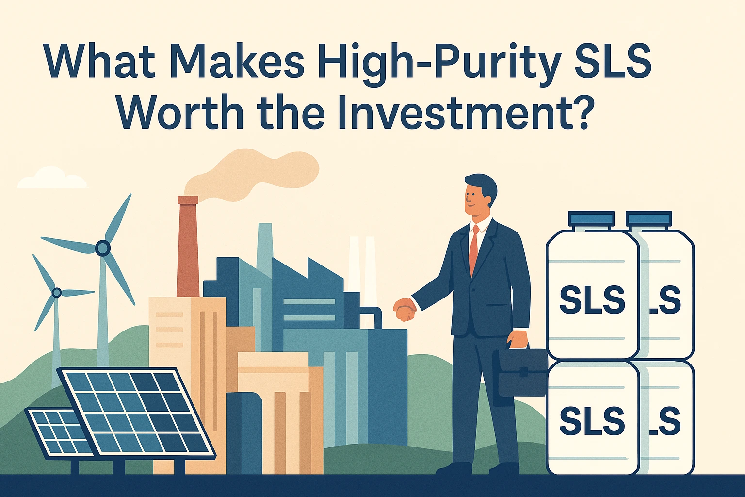 Flat-style landscape banner showing an SLS container beside a business professional, solar panels, wind turbines, and industrial factories, illustrating what makes high-purity SLS worth the investment