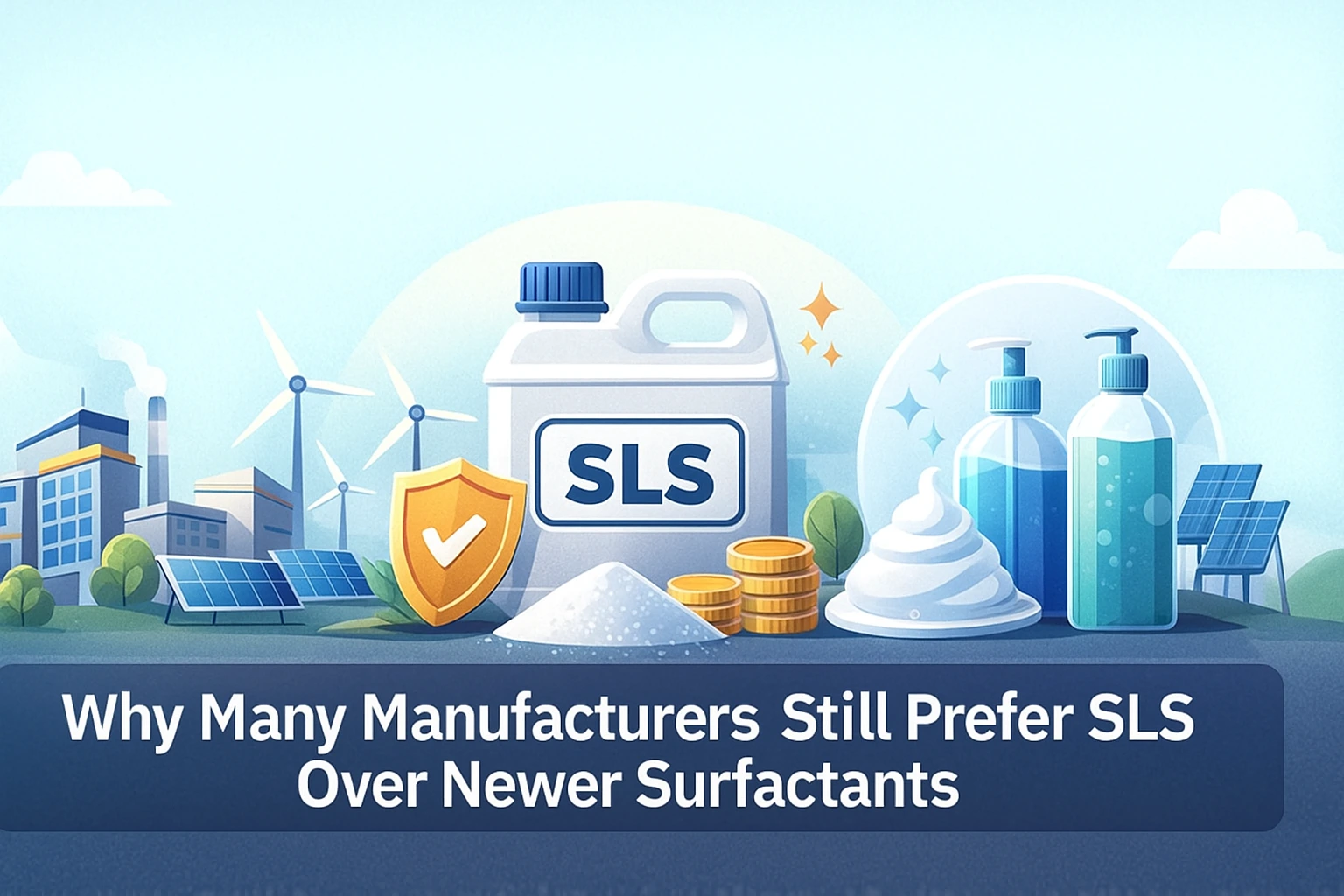 Flat-style landscape banner showing an SLS product container alongside modern factories, wind turbines, solar panels, and manufacturing icons, illustrating why many manufacturers still prefer SLS over newer surfactants