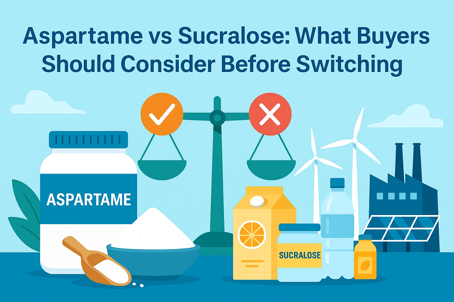 Flat-style landscape banner comparing aspartame and sucralose, featuring ingredient containers, food products, and a balance scale, illustrating key factors buyers should consider before switching sweetener