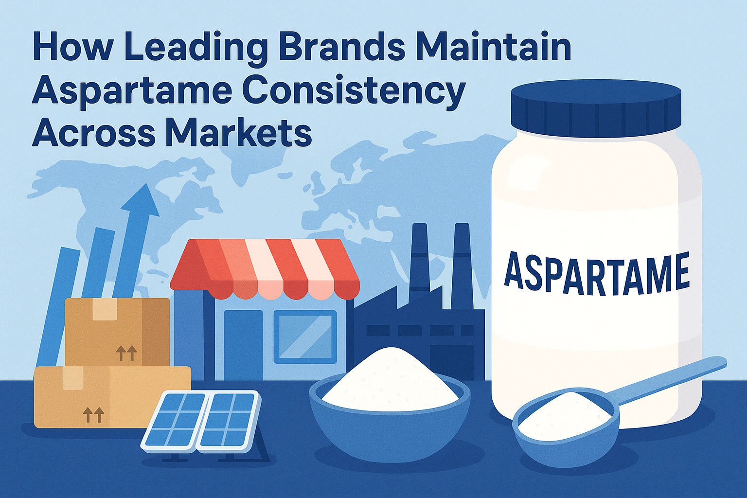 Flat-style landscape banner showing an aspartame container, powder bowls, shipping boxes, retail shop, solar panels, and factory icons in front of a world map, illustrating how leading brands maintain aspartame consistency across global markets