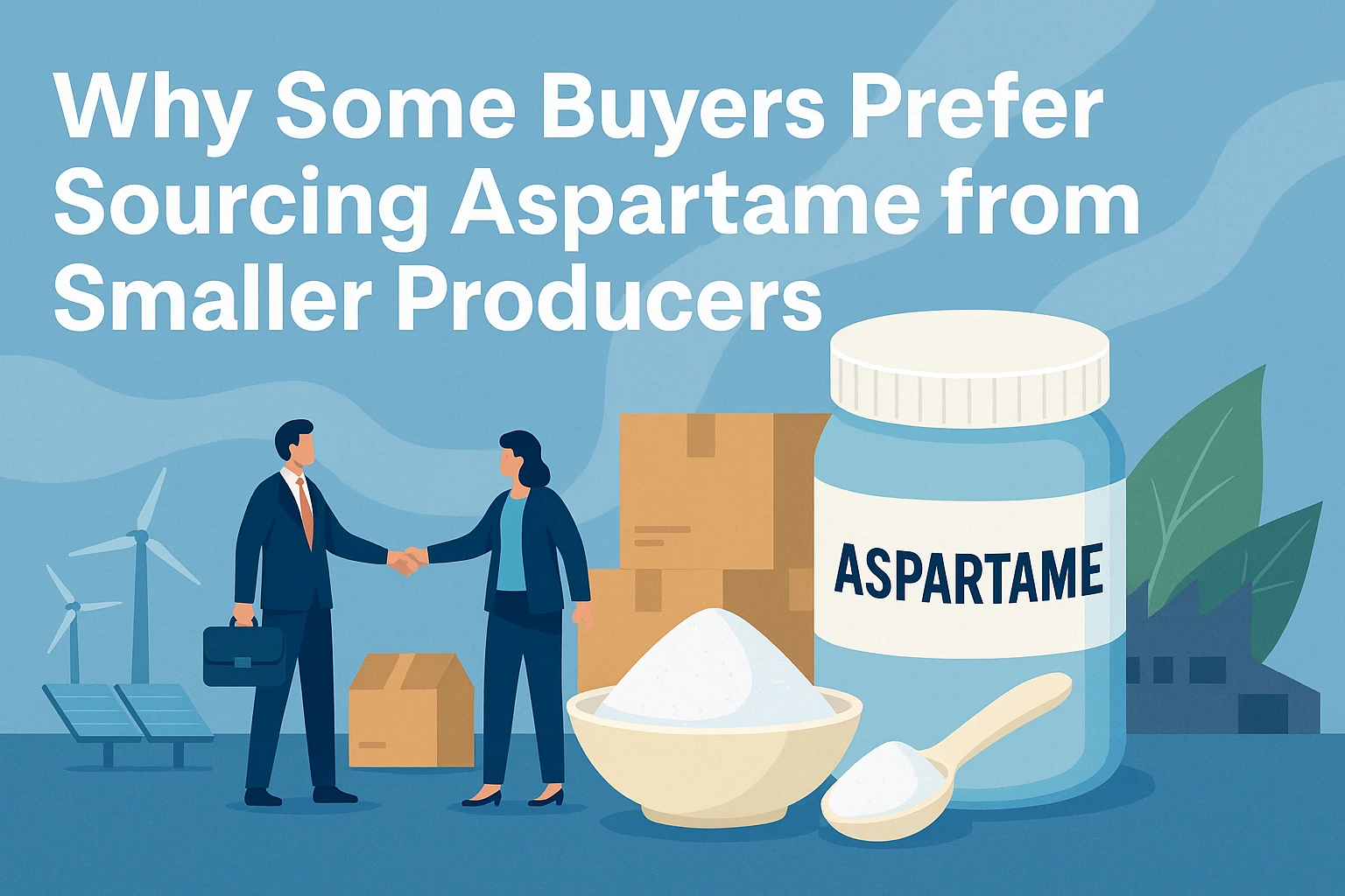 Flat-style landscape banner showing business professionals shaking hands beside aspartame containers, powder bowls, shipping boxes, wind turbines, and a factory, illustrating why some buyers prefer sourcing aspartame from smaller producers