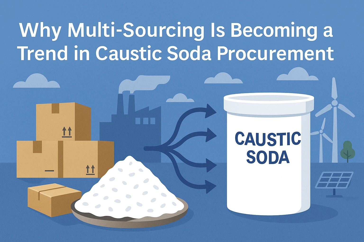 Flat-style landscape banner showing caustic soda flakes, shipment boxes, factory icons, and multiple supply arrows pointing to a caustic soda container, illustrating why multi-sourcing is becoming a trend in caustic soda procurement