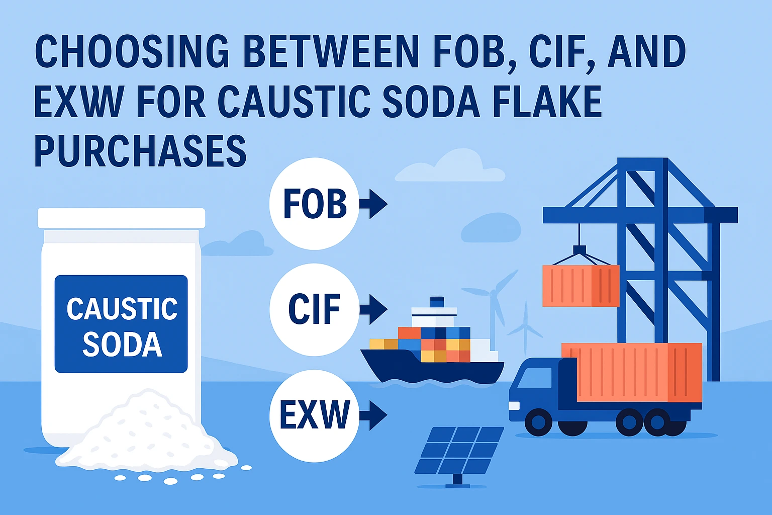 Flat-style landscape banner showing caustic soda flakes, a caustic soda container, and shipping logistics icons for FOB, CIF, and EXW with a cargo ship, truck, and port crane, illustrating how buyers choose between these trade terms for caustic soda flake