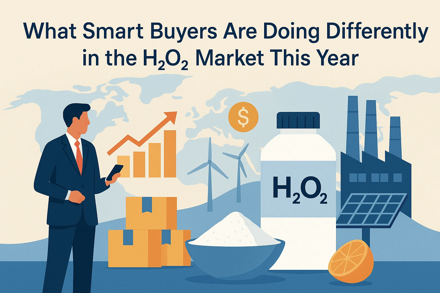 Flat-style landscape banner showing a business professional analyzing market trends beside an H₂O₂ container, growth chart, shipping boxes, wind turbines, solar panels, and a factory, illustrating what smart buyers are doing differently in the hydrogen pe