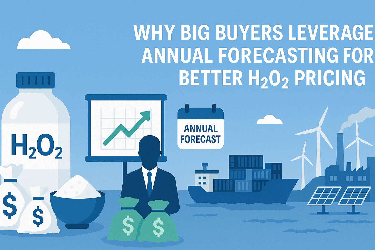 Flat-style landscape banner showing an H₂O₂ container, financial forecast chart, annual forecast calendar, cargo ship, wind turbines, and solar panels, illustrating why big buyers leverage annual forecasting for better hydrogen peroxide pricing