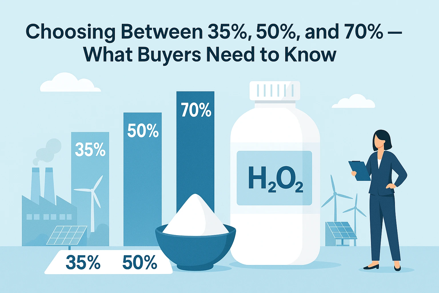 Flat-style landscape banner comparing 35%, 50%, and 70% hydrogen peroxide concentrations with bar charts, an H₂O₂ container, factories, wind turbines, and a buyer holding a clipboard to illustrate what buyers need to know when choosing the right H₂O₂ grad