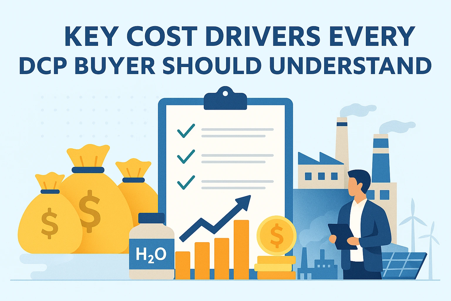 Flat-style landscape banner showing money bags, a checklist clipboard, growth chart, factory, and a buyer evaluating costs, illustrating key cost drivers every DCP buyer should understand