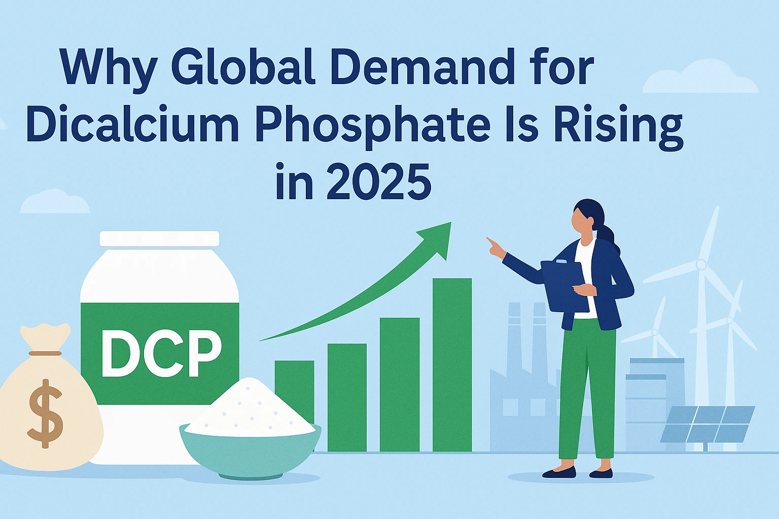 Flat-style landscape banner featuring a DCP container, a bowl of dicalcium phosphate powder, money bag, rising market bar chart, and a businesswoman pointing to growth, illustrating why global demand for dicalcium phosphate is rising in 2025